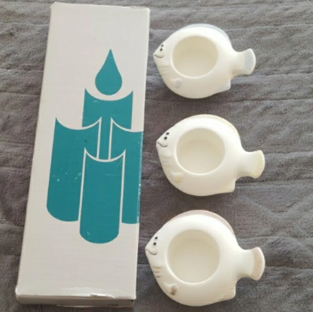 Vintage PartyLite Aqua Pals Bisque Porcelain Candle Floater - Fish Candle Holder